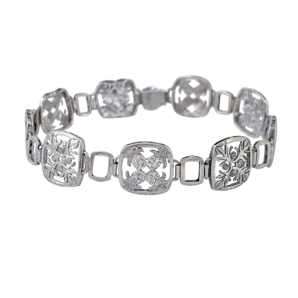 Vintage Sterling Silver 925 Floral Pineapple Link Bracelet 8"
